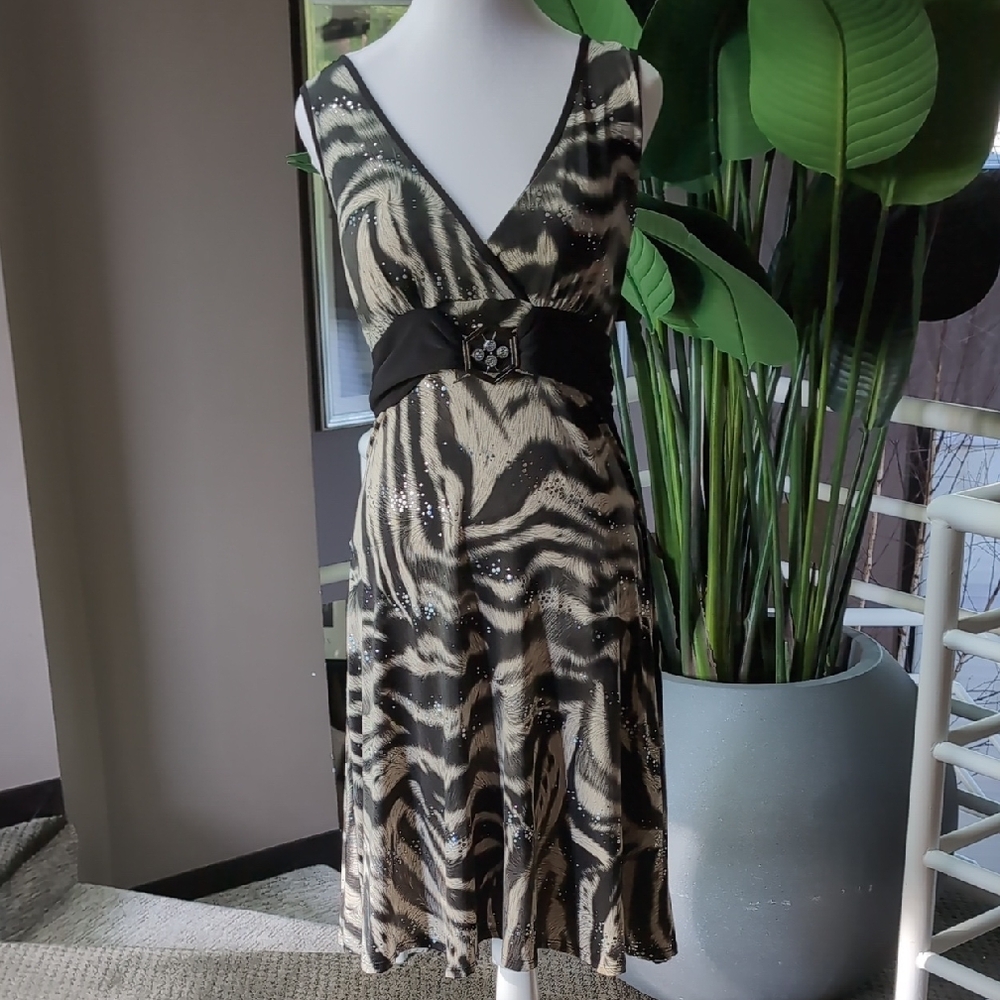 Brown and Cream Sleeveless Wrap Midi Dress